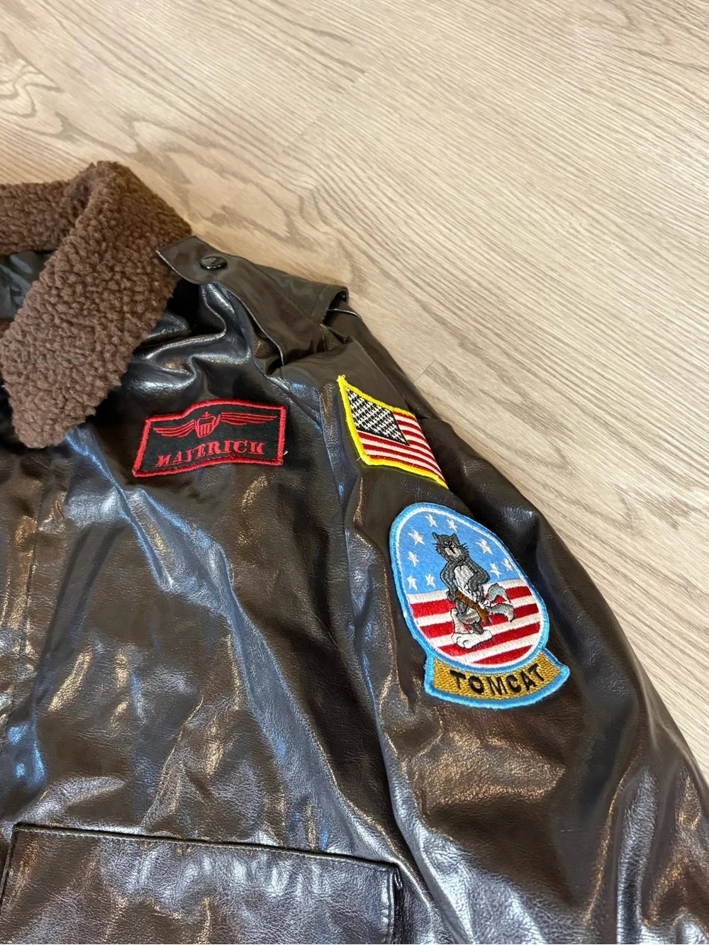 Leg Avenue Dark Brown Bomber Jacket with Shearling Collar and Patches